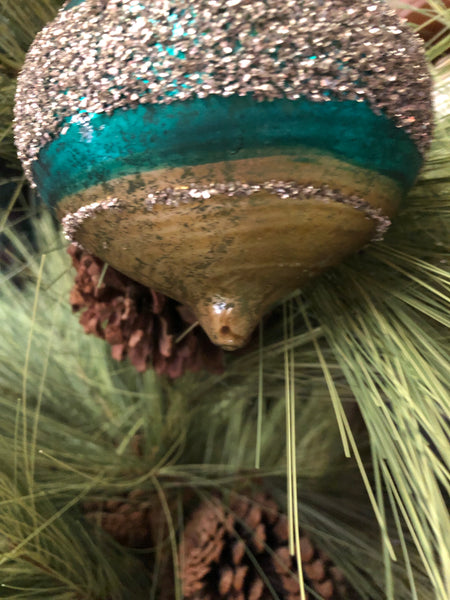 Vintage glitter green gold glass Christmas Tree Ornament