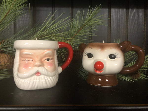 Vintage inspired candle mugs Santa and Rudolph